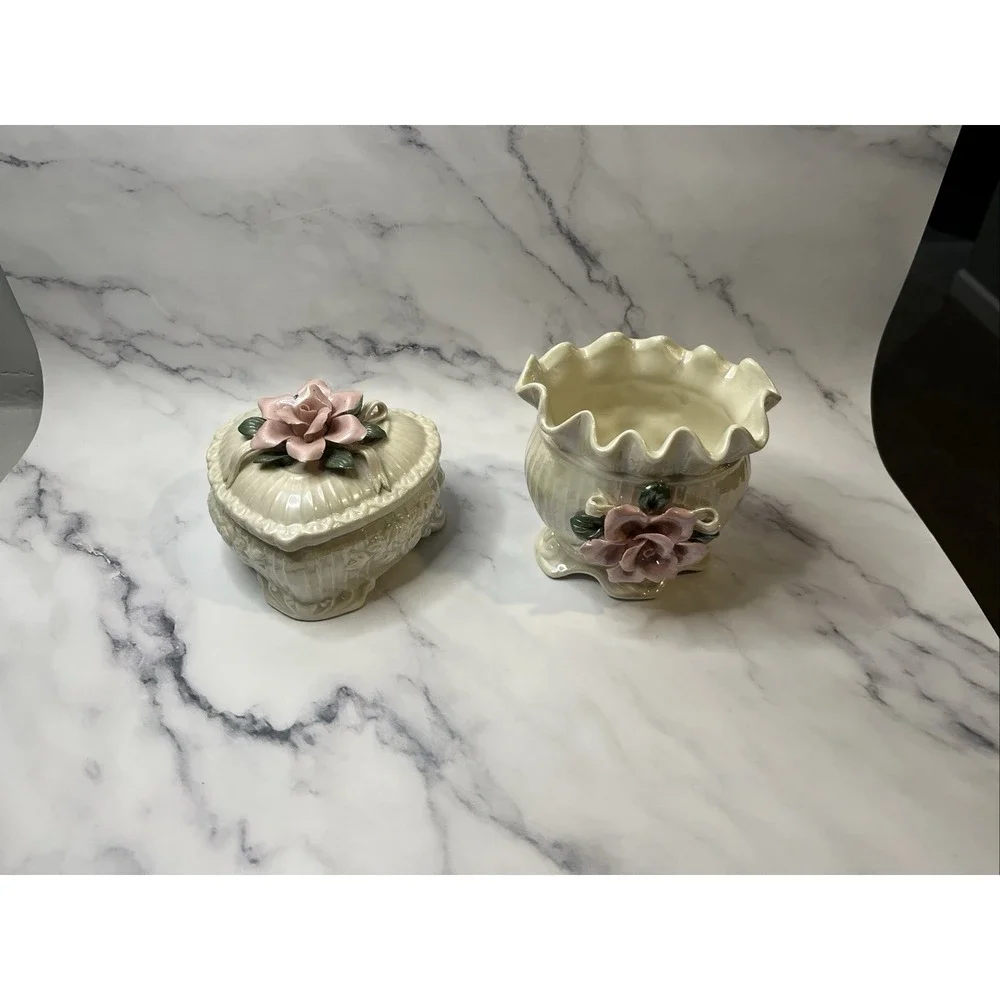 Opalescent Ceramic Vase & Trinket Box With Raised Flowers Coquette Cottage Core